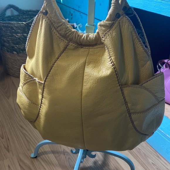 SOLD Lucky Brand Leather Tote Bag Yellow Vintage Pebbled - Picture 6 of 12